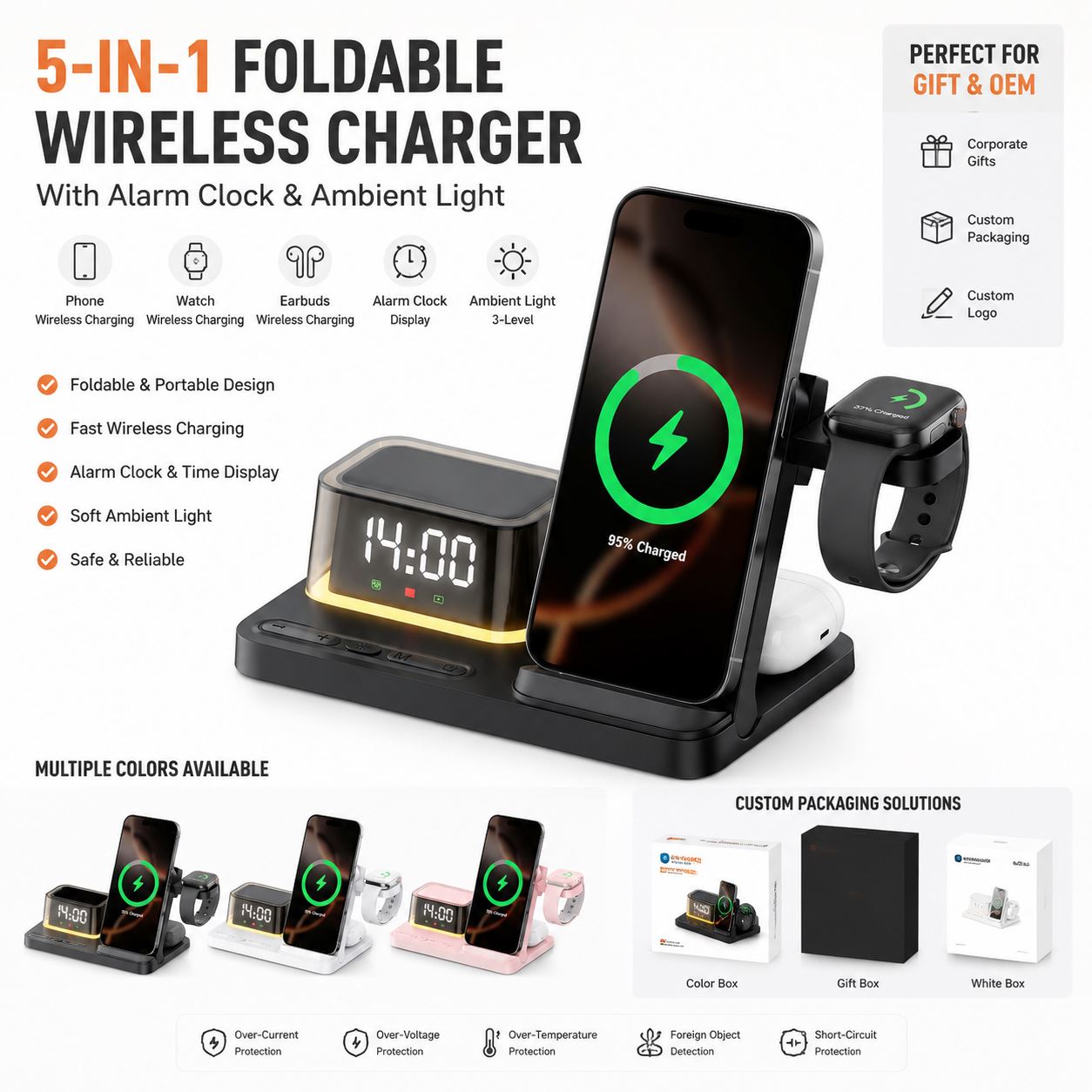 Multifunctional Desk Organizer with Alarm Clock Wireless Charger Custom Logo Office Desktop Gift Organizer