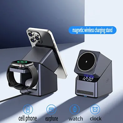 3 in 1 180 Rotation Rotatable Magnetic Wireless Charging Station with Alarm Clock Fast Charger Dock for Earphone and Smart Watch