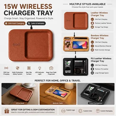 Luxury Leather Valet Tray Wireless Charger Multifunctional Desktop Storage Tray with Fast Wireless Charging Pad