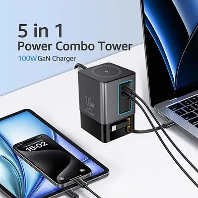 5-in-1 100W Combo Charging Station Retractable USB-C Cable & Power Strip for Multiple Devices Wireless Charging for Laptop