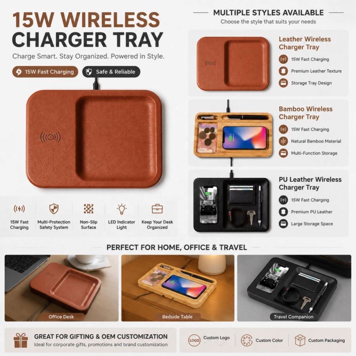 Luxury Leather Valet Tray Wireless Charger Multifunctional Desktop Storage Tray with Fast Wireless Charging Pad
