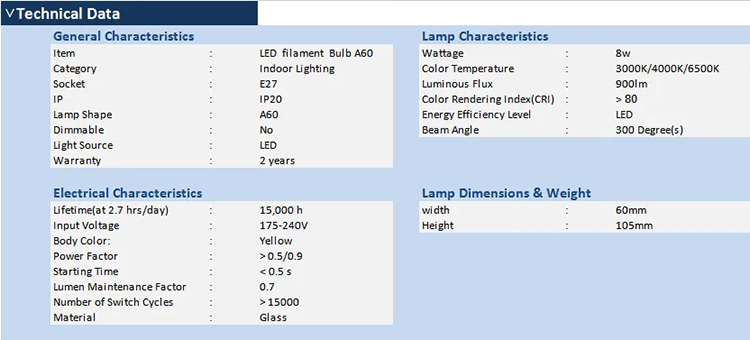 Led Filament Bulb A60 8W