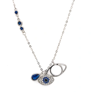 Long Chain Colorful Zirconia Animal Eye Cameo Necklace, Evil Eye Necklace 925 Sterling Silver