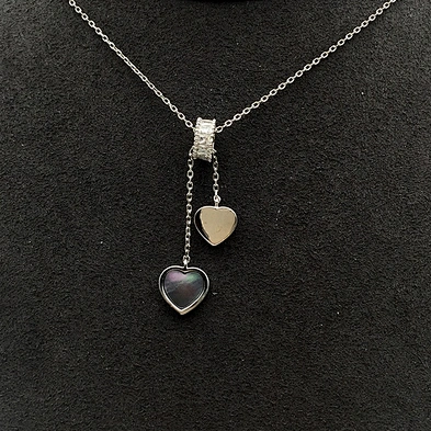 Stone Beads Slideable Two Shell Heart Design Silver Chain Necklace Jewelry