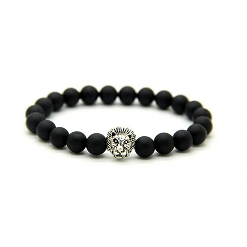 Men bead charm gold lion head bangle bracelet