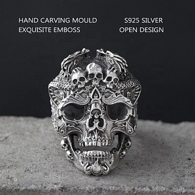 Punk Style Mens Rings 925 Silver Skull, Skull Head Silver Ring