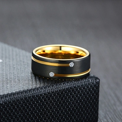 Black enamel simple cz tungsten ring with gold plated