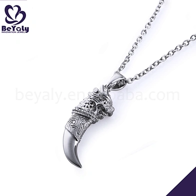 Neo-Gothic Style Silver Embossment Lion Engraved Tooth Shape Necklace