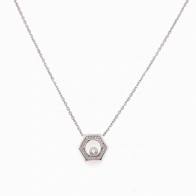 Simple Geometric Style Silver Cz Point In Hollow Sexangle Design Charm Necklace