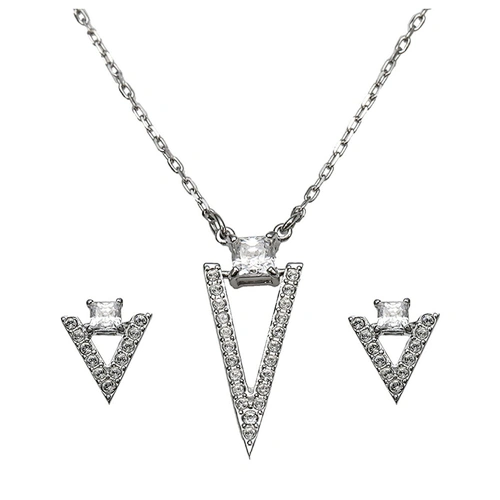 Triangle shape cubic zirconia silver designer white gold set