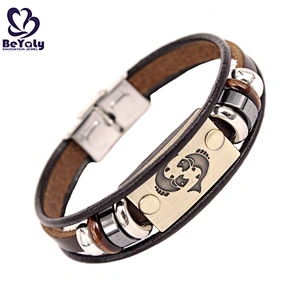 Wholesale Love Zodiac Engraved Braided Leather Stainless Steel Women Bangle Bracelet Clasp