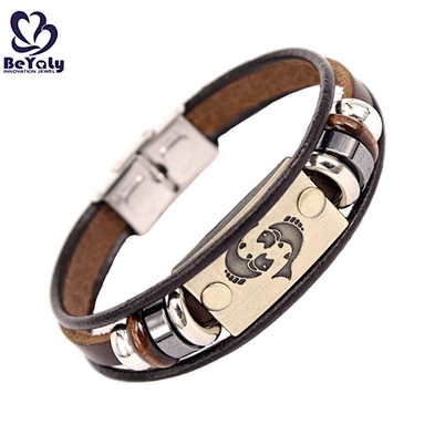Wholesale Love Zodiac Engraved Braided Leather Stainless Steel Women Bangle Bracelet Clasp