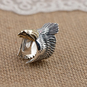 Punk Eagle Ring Gold Plating, Adjustable Plume Feather Ring Silver 925