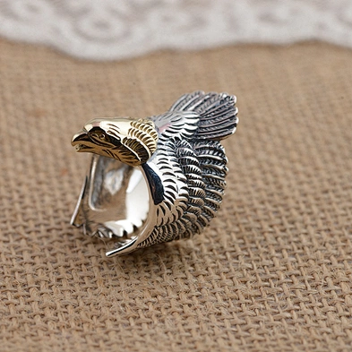 Punk Eagle Ring Gold Plating, Adjustable Plume Feather Ring Silver 925