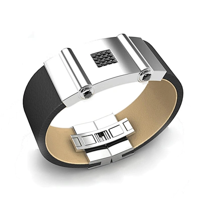 Men accessories black cz inlaid genuine leather bangle