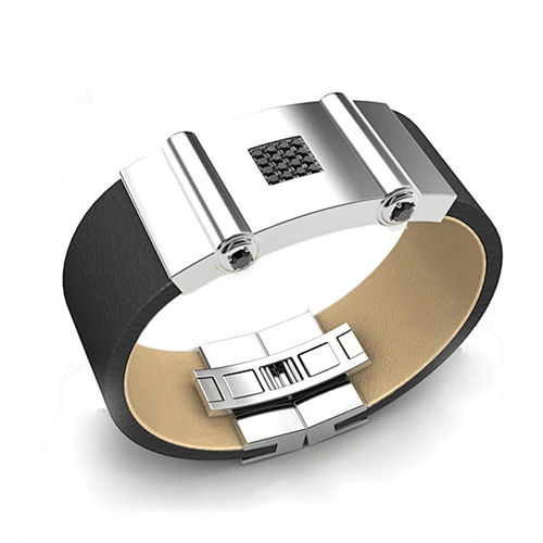 Men accessories black cz inlaid genuine leather bangle