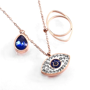 Blue Stone Waterdrop Eye Shaped Pendant Stainless Steel Necklace Jewelry Rose Gold