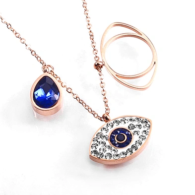 Blue Stone Waterdrop Eye Shaped Pendant Stainless Steel Necklace Jewelry Rose Gold