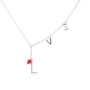 Rhodium Plated Sterling Silver Heart Shaped Red Enamel Charms Necklace Wholesale