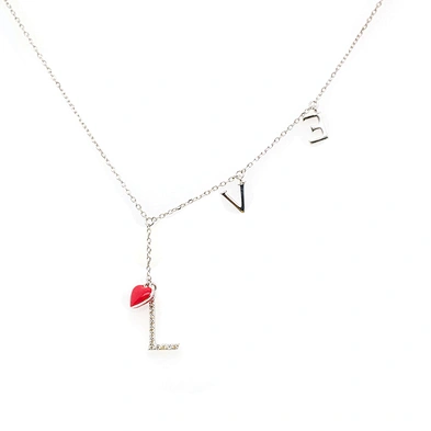 Rhodium Plated Sterling Silver Heart Shaped Red Enamel Charms Necklace Wholesale