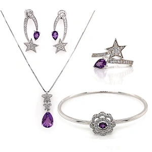 Star purple stone wedding necklace and bracelet and earring and ring set