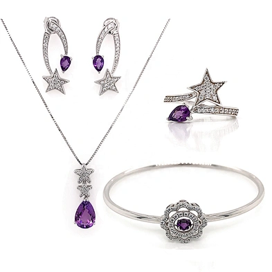 Star purple stone wedding necklace and bracelet and earring and ring set