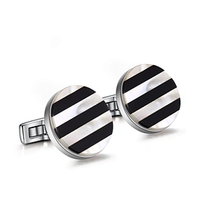 Black And White Stripe Fashion Design Cufflinks Round Stainless Steel