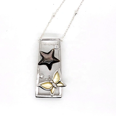 Shell Butterfly Enamel Star Designed Cz Dotted Silver Trapezoid Shape Frame Pendant
