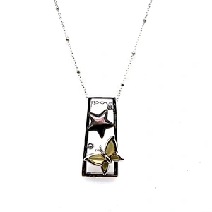Shell Butterfly Enamel Star Designed Cz Dotted Silver Trapezoid Shape Frame Pendant