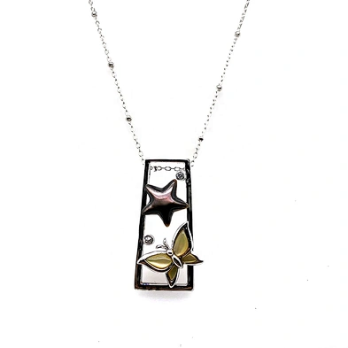 Shell Butterfly Enamel Star Designed Cz Dotted Silver Trapezoid Shape Frame Pendant
