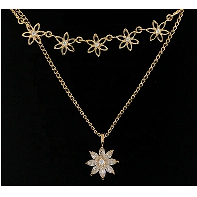 Women gold plated chain boho necklace cz flower jewelry in silver
