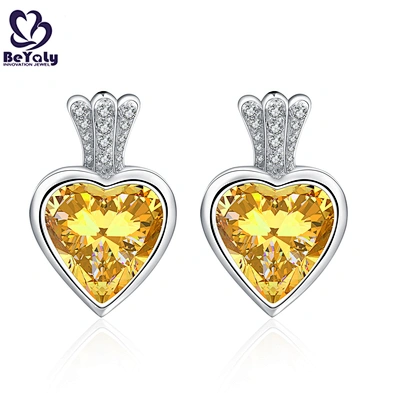 Plating platinum yellow stone solid silver heart earrings
