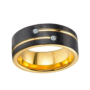 Black enamel simple cz tungsten ring with gold plated