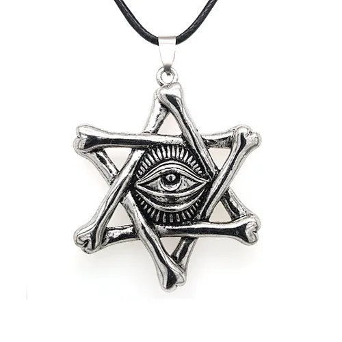 Hot style devil's eye hexagram black leather rope punk necklace