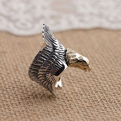 Punk Eagle Ring Gold Plating, Adjustable Plume Feather Ring Silver 925