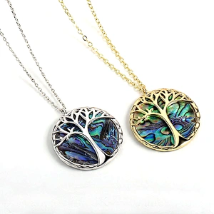 Vintage colored abalone natural stone tree of life pendant necklace