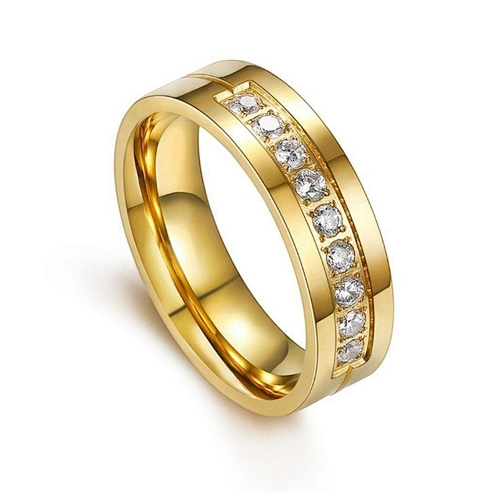 Shiny polish gold plated stainless steel ring with diamonds