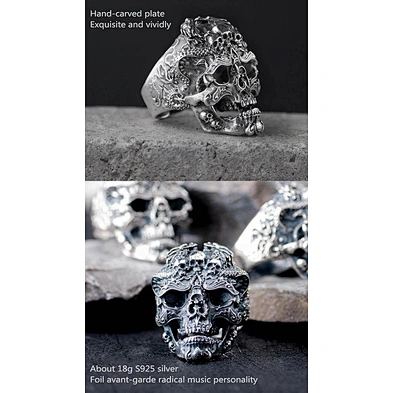 Punk Style Mens Rings 925 Silver Skull, Skull Head Silver Ring