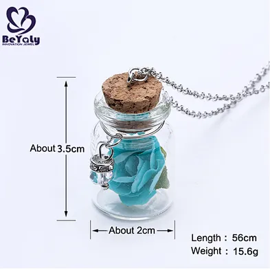 Women Custom Glass Bottle Pendant Jewelry Fashion Real Rose Necklace