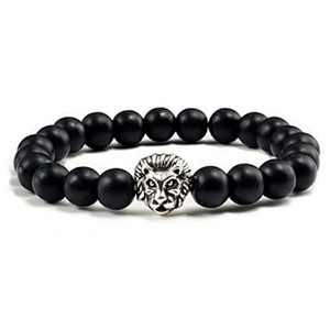 Customized silver lion engraved men beaded bracelet