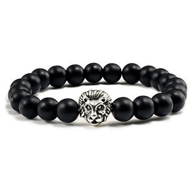 Customized silver lion engraved men beaded bracelet