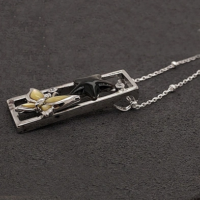 Shell Butterfly Enamel Star Designed Cz Dotted Silver Trapezoid Shape Frame Pendant