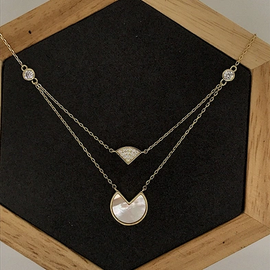 Two Strands Gold Chains Shell Round Cz Fanshaped Design Pendant Necklace