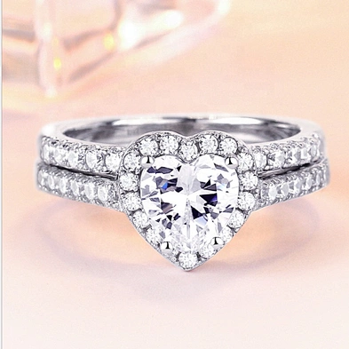 Double Halo Wedding Ring Sets, Heart Shaped Ring Designs For Girls