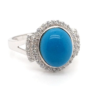 Double-Row Cz Design Engraved Single Circle Iced Out Ring With Blue Stone