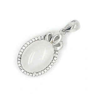 White Stone Onyx Jewelry, Big Oval Disc Charm Pendant White Gold Diamond, White Gold Plating Silver Oval Pendant