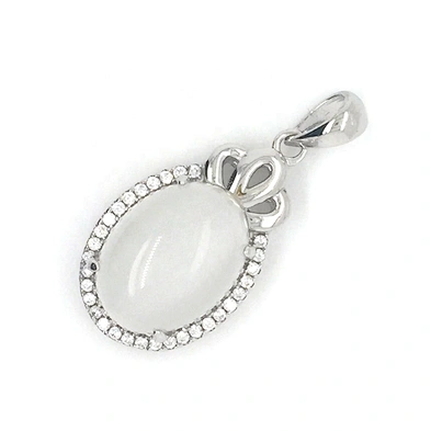 White Stone Onyx Jewelry, Big Oval Disc Charm Pendant White Gold Diamond, White Gold Plating Silver Oval Pendant