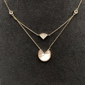 Two Strands Gold Chains Shell Round Cz Fanshaped Design Pendant Necklace