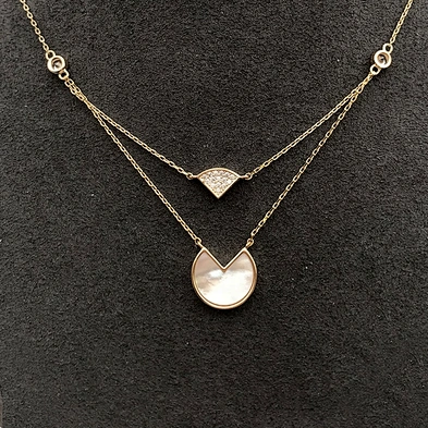 Two Strands Gold Chains Shell Round Cz Fanshaped Design Pendant Necklace
