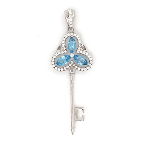 White Gold Key Shape Pendant Necklace For Men, Blue Crystal Silver Key Pendant Necklace Jewelri Meaning